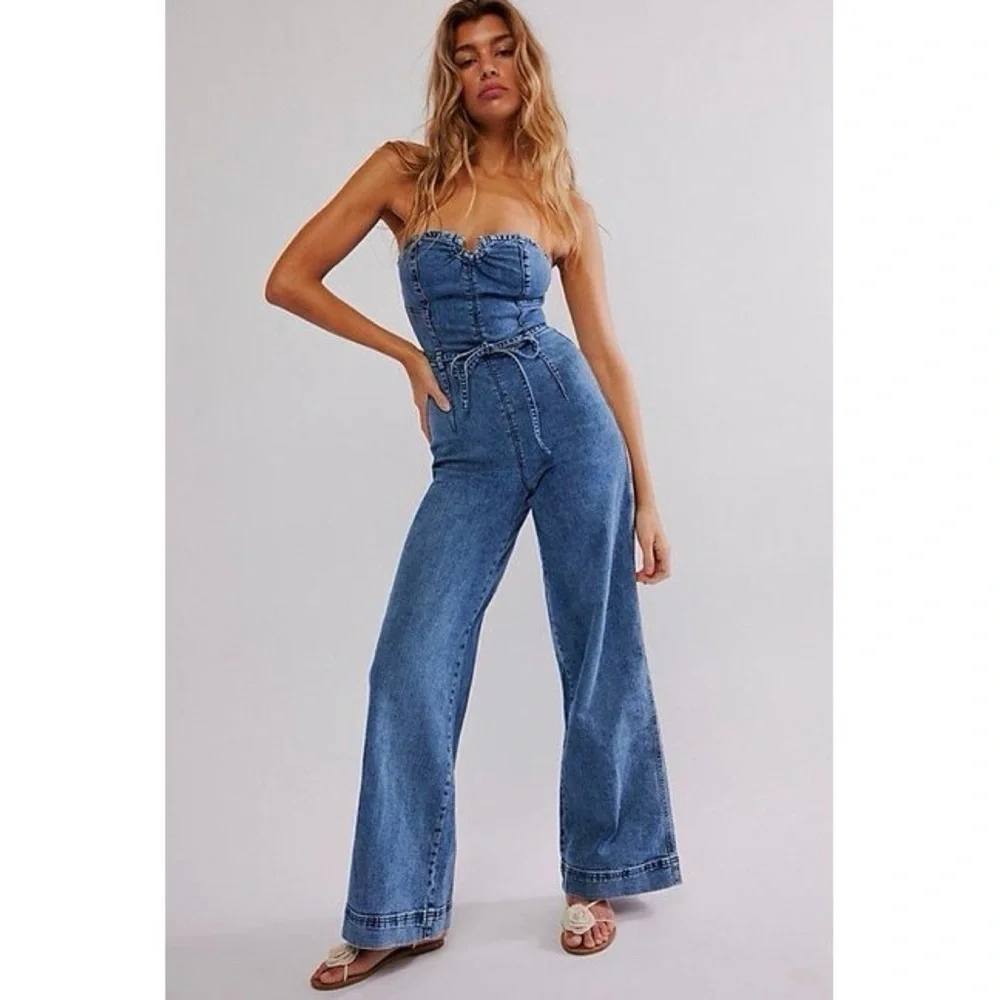 NWT Free People CRVY Femme Fatale Flare Denim Jumpsuit 10